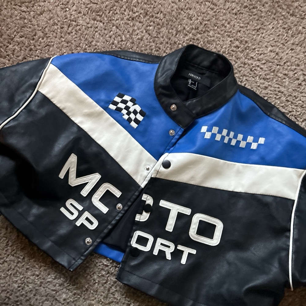 Forever 21 Blue and Black Moto Sport Bomber Jacket